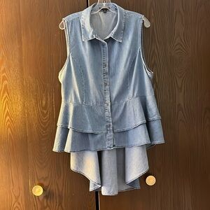 Blashe sleeveless jean top with ruffle panels. Longer in back. Size 2XL
